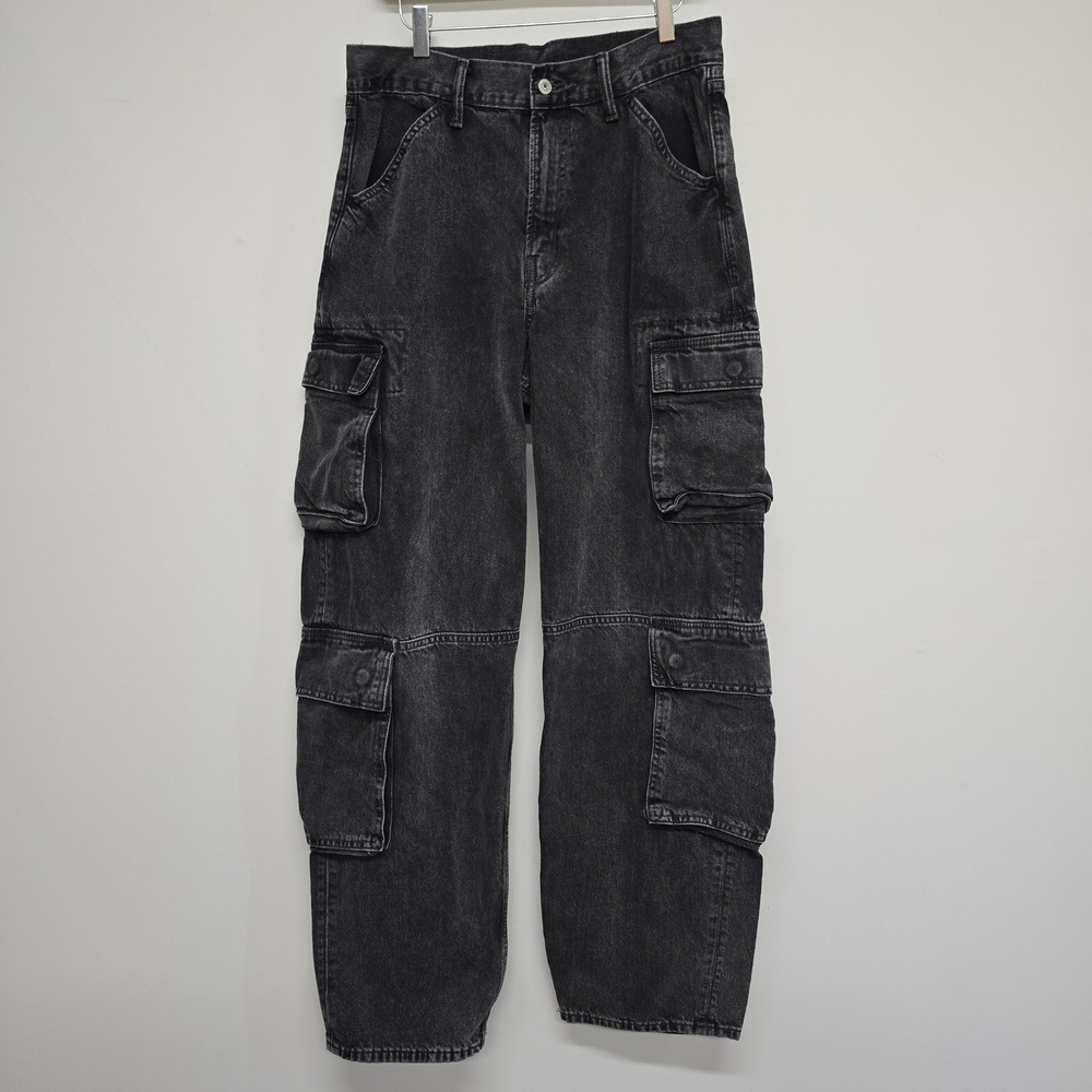 GAP Baggy Cargo Jeans Mens 32x34 Washed Black Cotton Double Pocket Streetwear